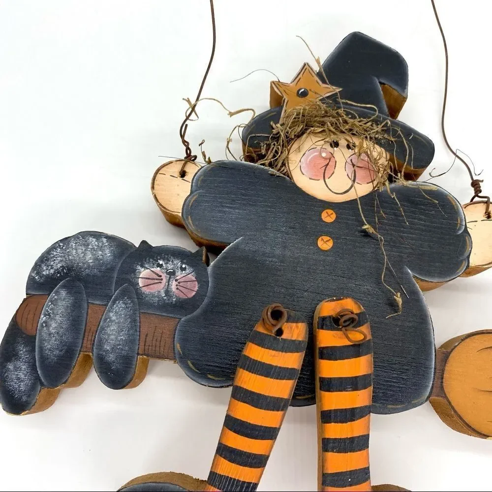 Rustic Halloween Witch Cat Primitive Country Wood Wall Decor